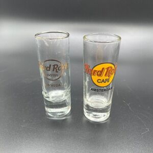 Vintage‎ Hardrock Cafe Shot Glasses 4" Lot of two Amsterdam and Vegas